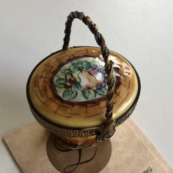 Peint Main LIMOGES HandPainted Pear Clasp FRUIT BASKET Copper Hinged Trinket Box - Picture 3 of 5